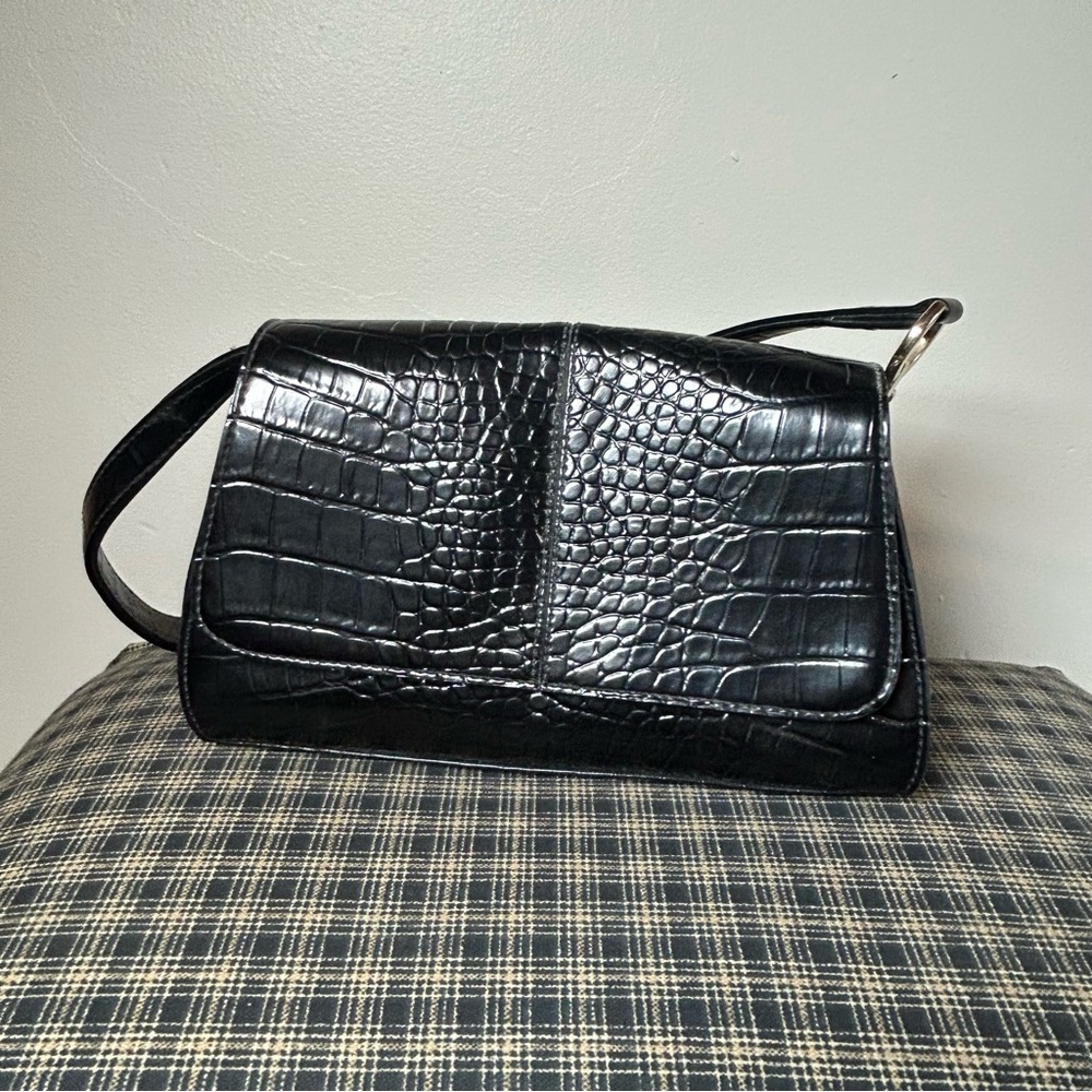 Black Croc Embossed Shoulder Bag Faux Leather Flap Closure Evening Purse